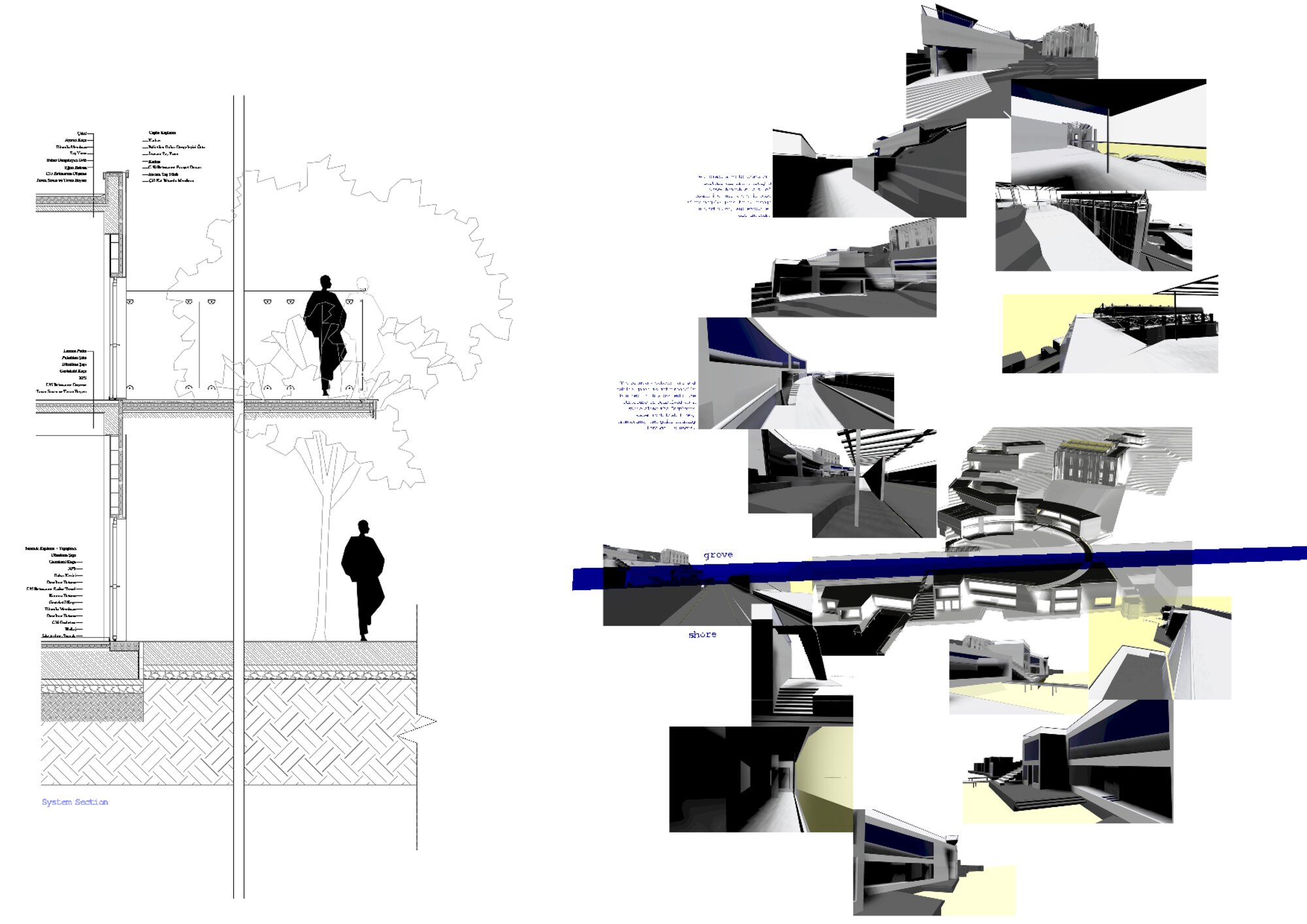 System section detail and interior renders