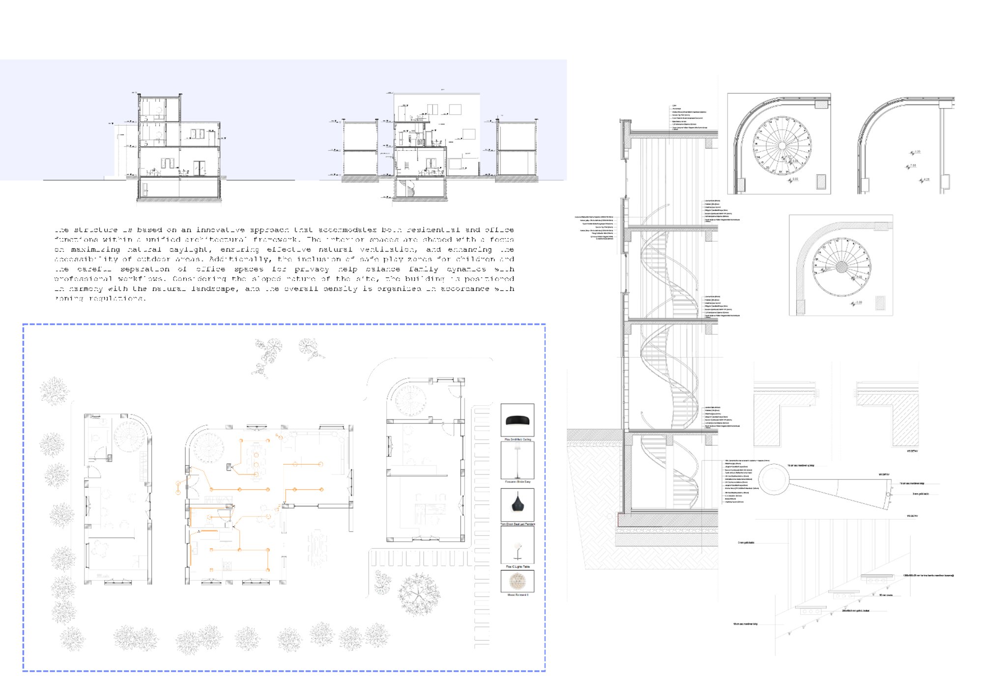 Sections, plans, and spiral staircase detail
