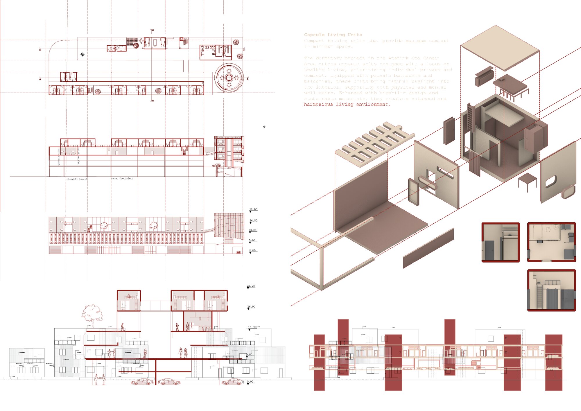 Capsule living units — plans, sections and axonometrics