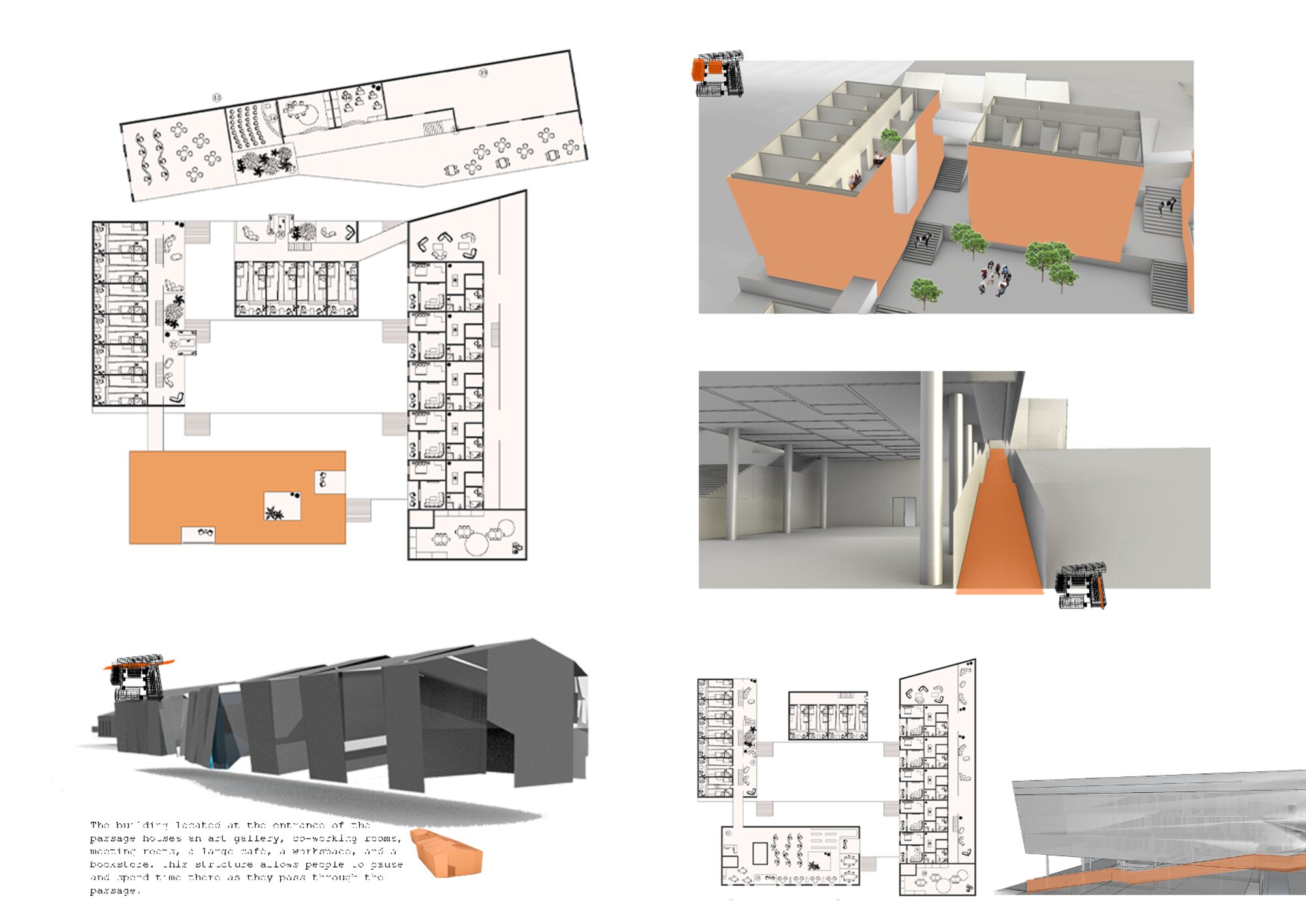 Floor plans, axonometric and interior views